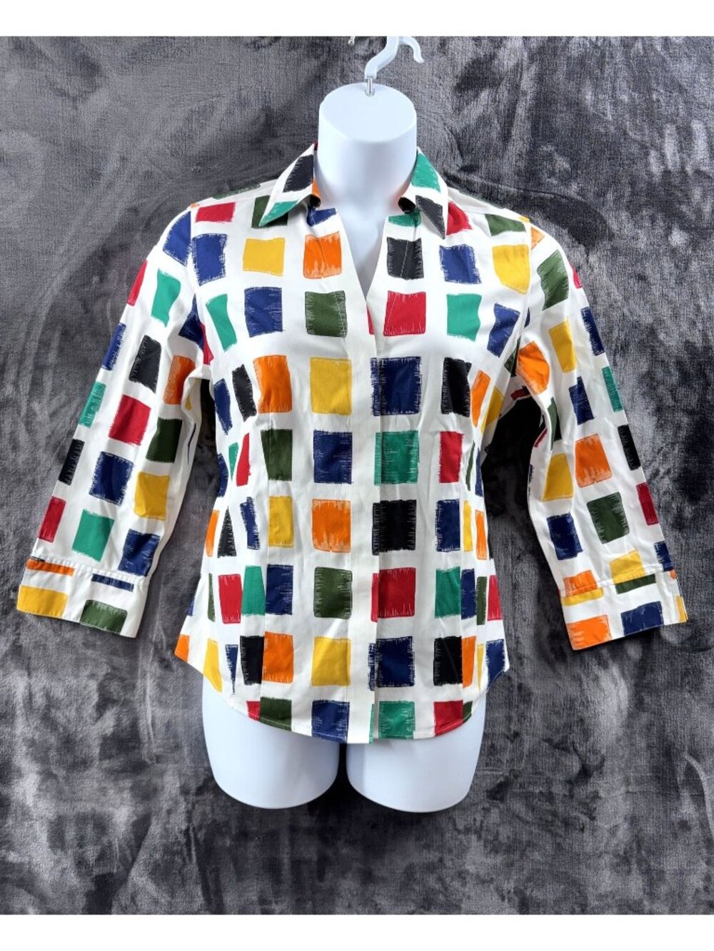 Taylor Gold Label Women's Blouse Size 12 Color Block Print Non-Iron 100% Cotton